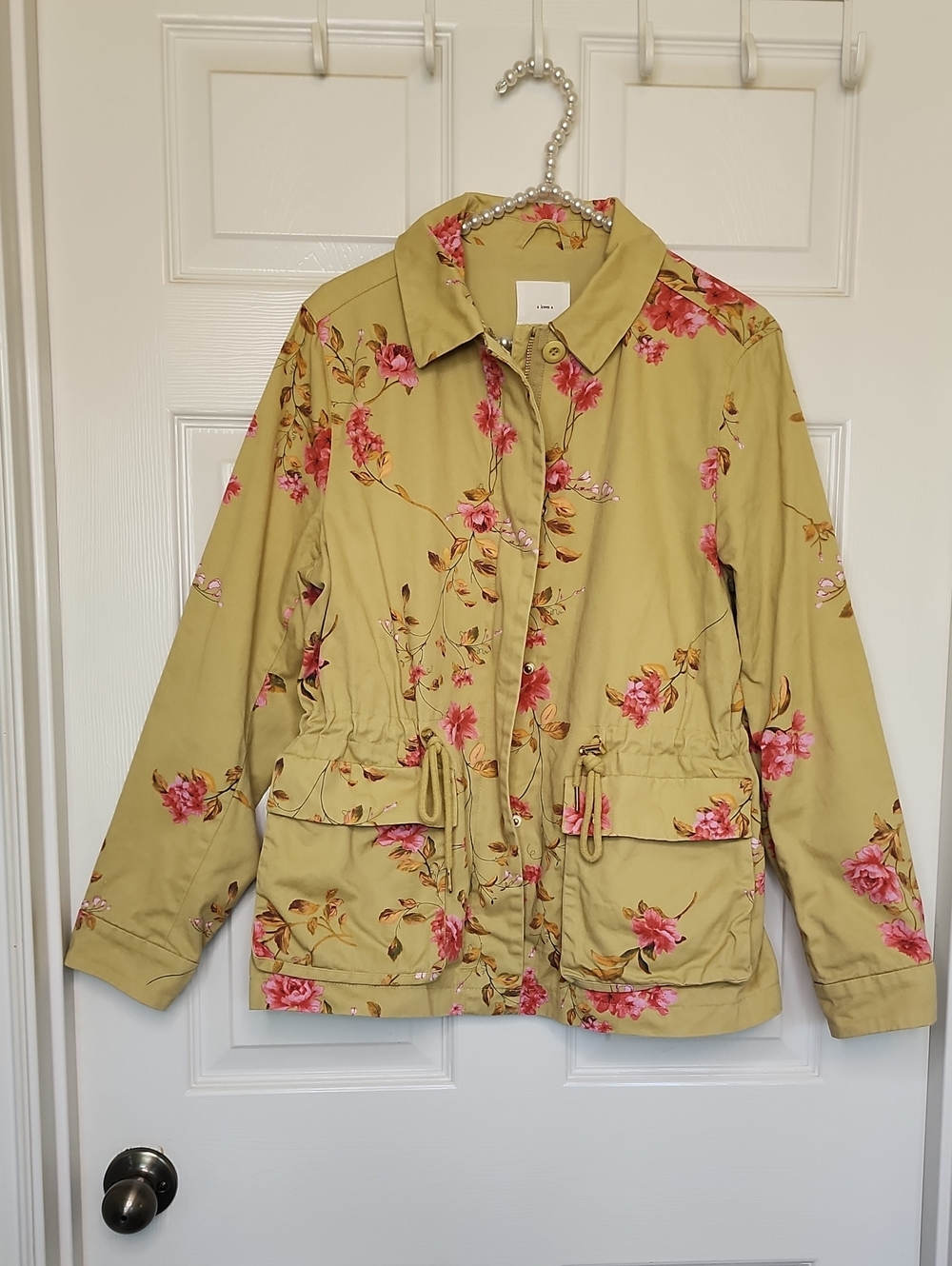 A Loves A Womens Light Olive Green Pink Floral Print Utility Jacket - Picture 2 of 14